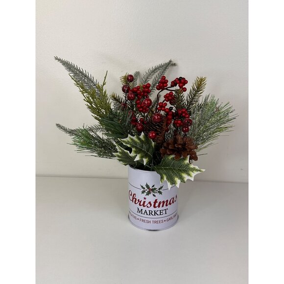 Artificial Christmas Arrangement In White Christmas Market Tin For Holiday Decor - Picture 1 of 9